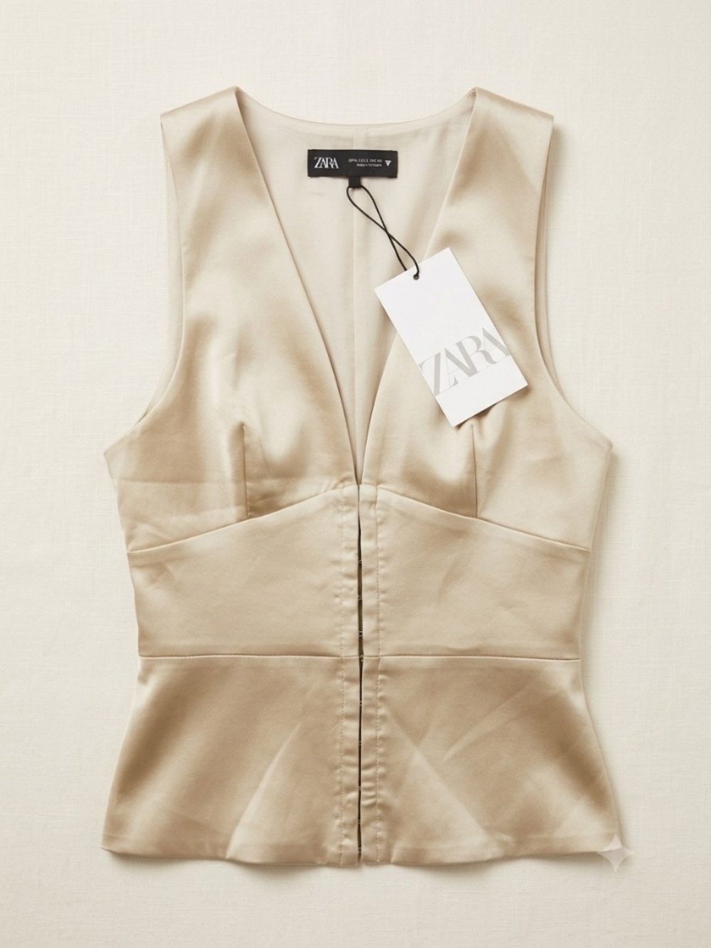 NWT Zara Champagne Satin V Neck Corset Top Peplum Hem Size S